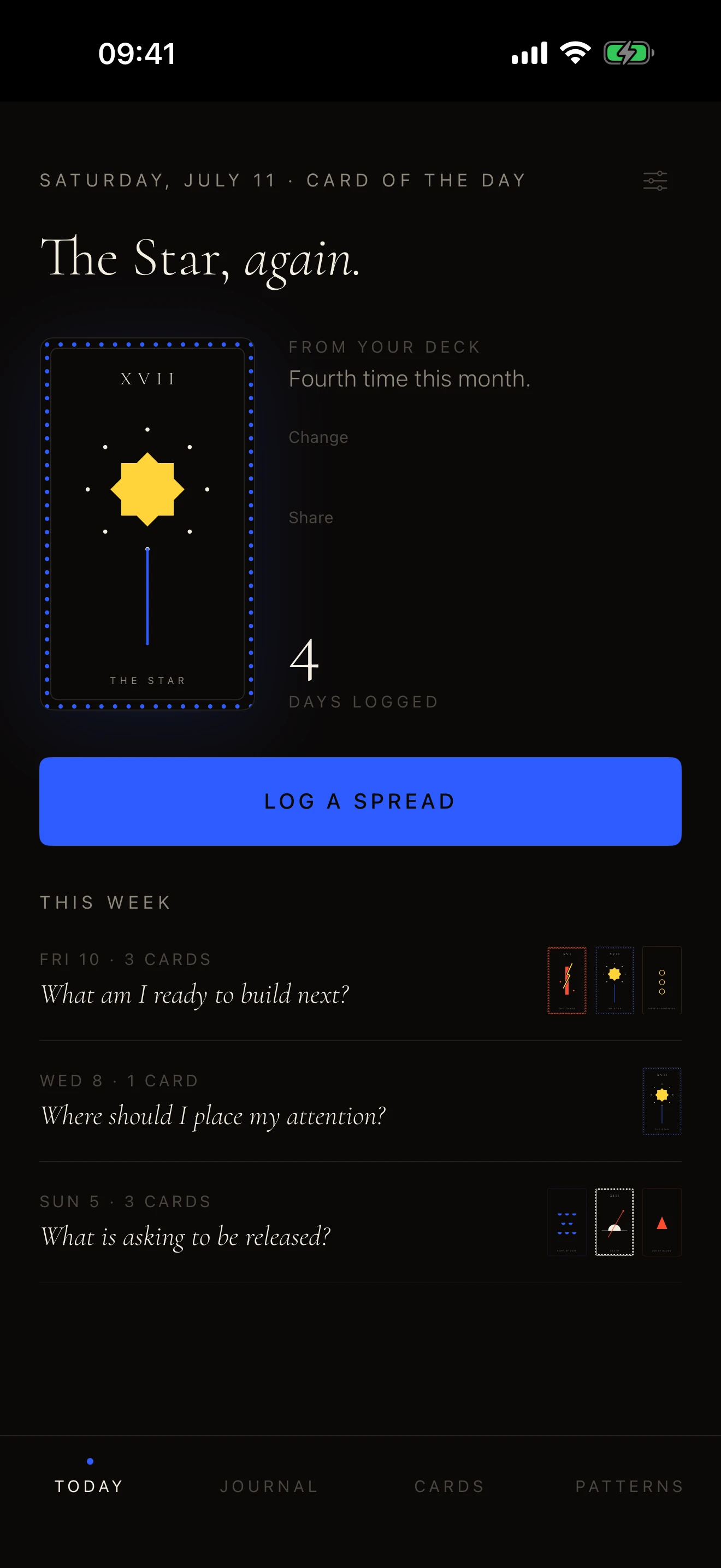 Amulet Today screen with the card of the day, a four-day streak, and recent readings