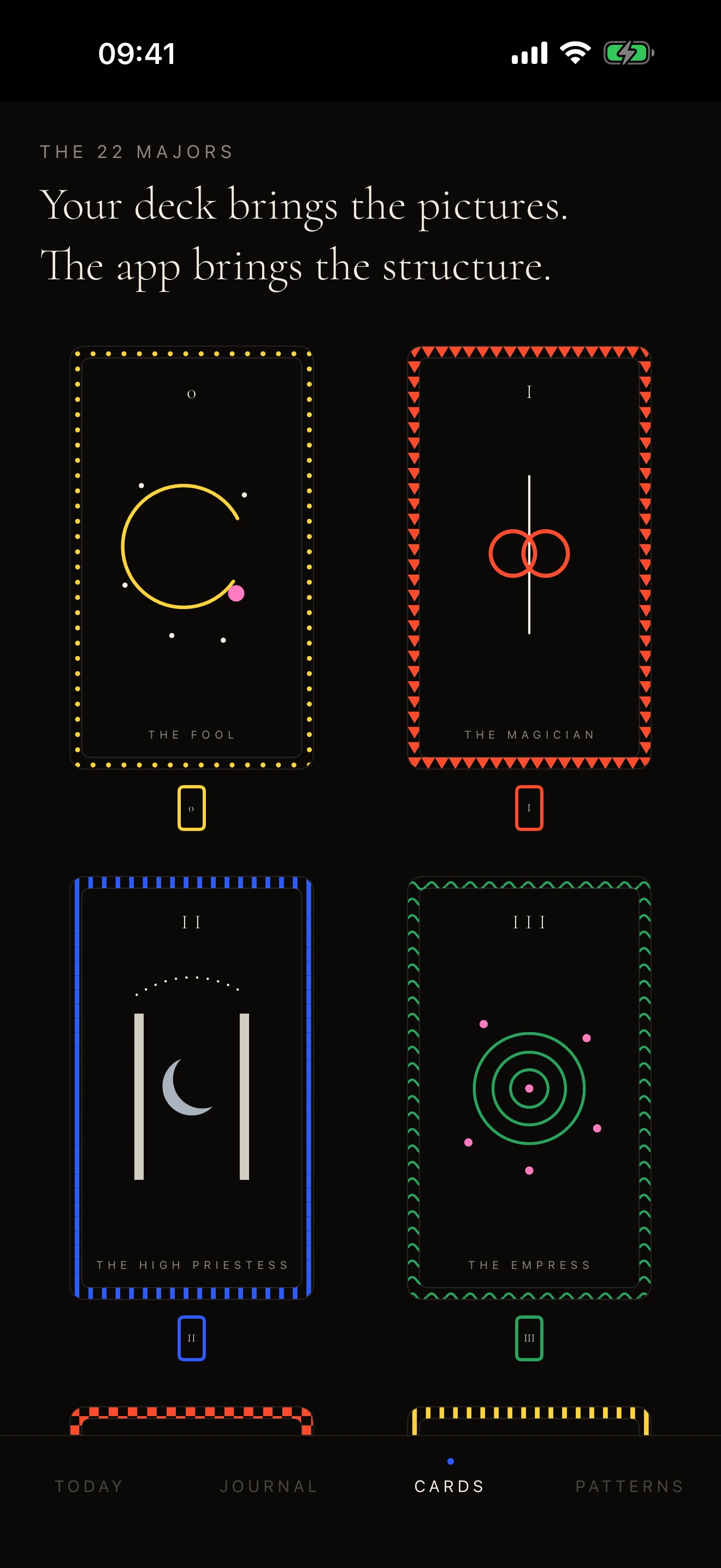 Amulet card library showing the Major Arcana as a colorful editorial grid